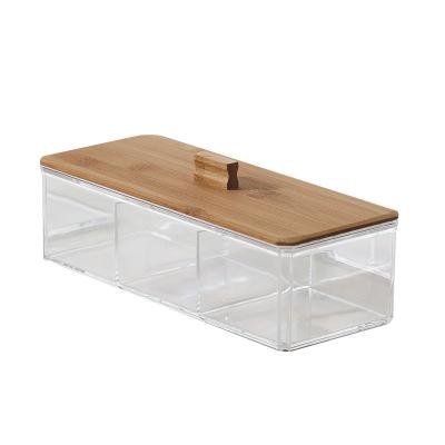 China 3 Sustainable Dispenser Cotton Grid Cosmetic Holder Ball Clear Storage Organizer Bamboo Lid Makeup Container for sale