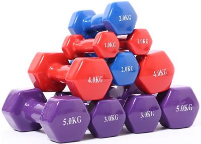 China Cast Iron Hexagonal Colored Dumbbells Set Weight By KG Vinyl Neoprene Coated Dumbbells for sale