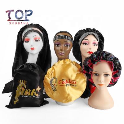 China Four Seasons No MOQ Hair Extension Packaging Satin Bag Hood/Edge Wrap/Elastic Cast Band/Pillow Box Custom With Logo for sale