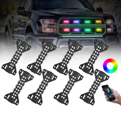 China LED Car Front Grill Lights Add On Kit Ignition 8 Pieces Phone Color Changing Control Car Led Front Grill Light for sale