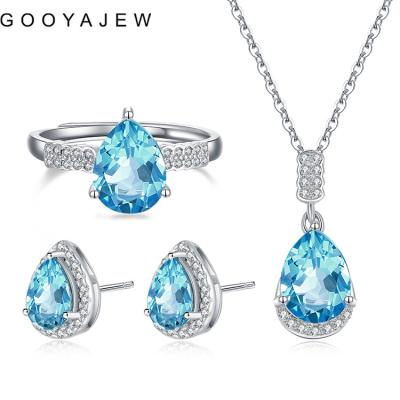 China Korean Natural Blue Topaz 925 Fine Jewelry Set H005 Sterling Silver Necklace Rings Earrings Vintage GOOYAJEW Really Topaz 925 for sale