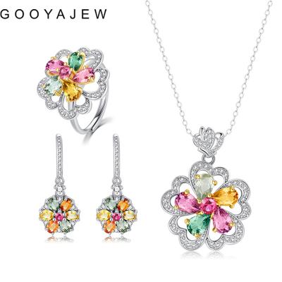 China Vintage GOOYAJEW Turn Red Stone 100% Fine Gem S925 Sterling Silver Women Necklace Rings Earrings 2022 Tourmaline 925 Jewelry Set 1419 for sale