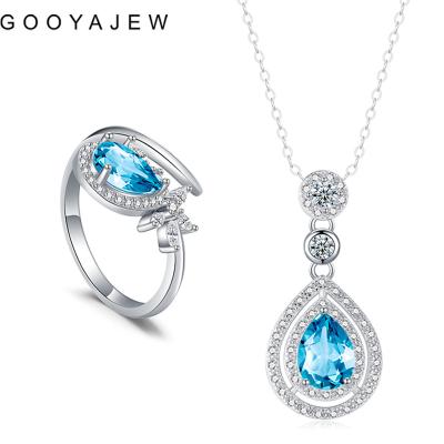 China Korean Natural Blue Stone Necklace Rings New Trend Women Sterling Silver Jewelry Sets S925 2022 Vintage Topaz 925 GOOYAJEW Set 7005 for sale