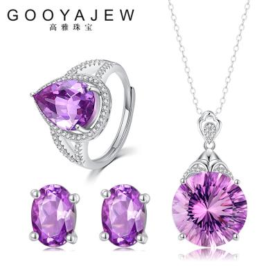 China Vintage GOOYAJEW Purple Amethyst 925 Fine Stone Gem Gemstones S925 Fine Jewelry Set 1686 Sterling Silver Necklace Rings Earrings for sale