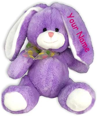 China Plush Personalized Cute Purple Sitting Easter Bunny Rabbit Long Ears Plush With Custom Name for sale