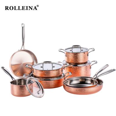 China 13PCS Pots and Pan Hammered Cookware Set Viable Triple Stainless Steel-Copper for sale