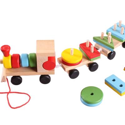 China Construction Toy Wooden Block Train Toy Set Wheels For Kids for sale