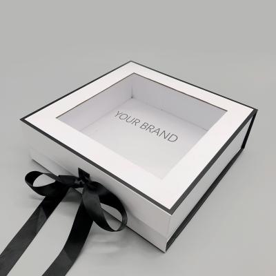 China Recyclable Custom Luxury White Packaging Foldable Paper Box Ribbon Cardboard Craft Packing Elegant Gift Boxes With Clear PVC Window for sale