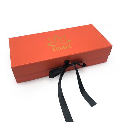 China Brand Recycled Materials Custom Orange Magnet Cardboard Folding Boxes With Ribbons Luxury Gift Boxes Packaging Boxes With Logo For Clothes for sale