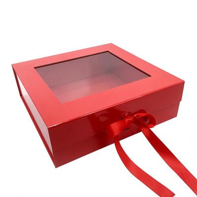 China Recycled Materials Flip Top PVC Window Cardboard Red Rigid Magnetic Closure Custom Packaging Square Gift Box With Clear Lid for sale