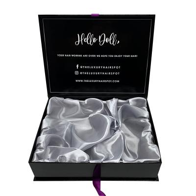 China Recyclable Custom Logo Black Wig Packaging Box With Silk Satin Lined Luxury Magnetic Packaging Box For Hair Extension for sale