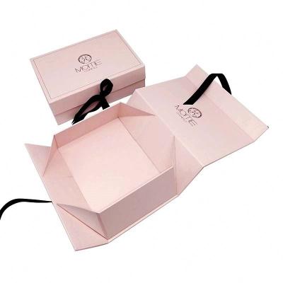 China Recycled Materials Custom Logo Printing Luxury Rose Flat Foldable Magnetic Box With Ribbon For Lash Eyelash Skin Care for sale