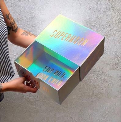 China Recycled Materials Logo Rainbow Holographic Box Packaging Custom Luxury Sliding Drawer Box For Cosmetic Clothes Shoes Wig Hair Extension Packaging for sale