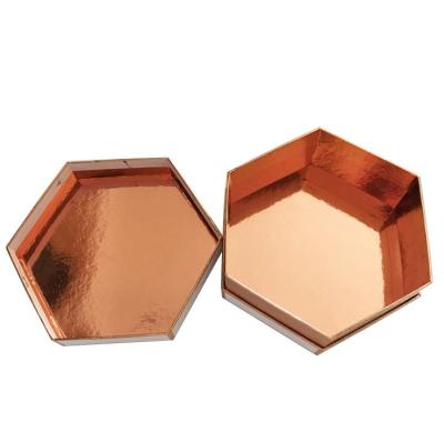 China Recycled Materials Customized Hexagon Shape Rose Gold Cosmetic Perfume Paper Packaging Box Hexagon Makeup Gift Package Honey Bottle Jar Box for sale