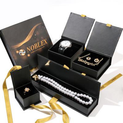 China Wholesale Custom Black Sliver Logo Ring Set Box Jewelry Necklace Earring Bracelet Luxury Magnetic Jewelry Gift Packaging Box for sale