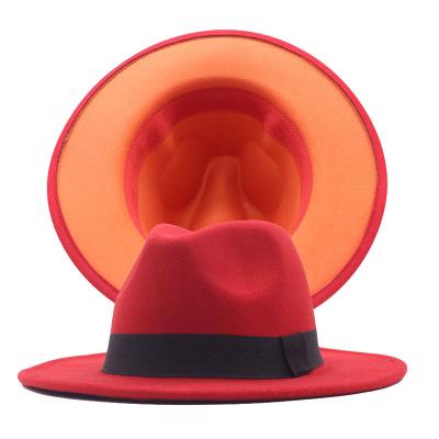 China Fashion Two Tone Felt Fedora Hats Wide Brim Felt Hats Overflow Flat Fedora Hats With Band For Women And Men for sale