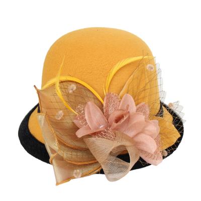 China Wide Brim Women Felted Hats Vintage French Style Wide Brim Party Hat Feather Flower Warm Hat for sale