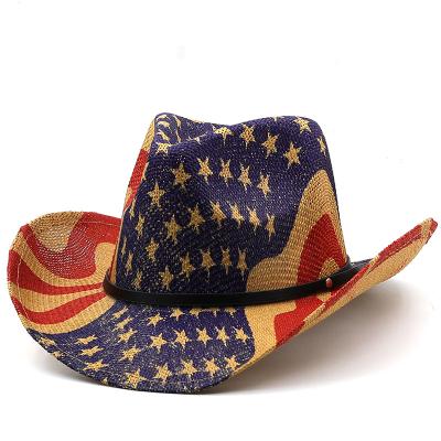 China Wide Straw Cap Sun Hat USA Cowgirl Brim Hats For Men Summer Breathable Casual Cowboy Jazz Hats Classic American Flag for sale