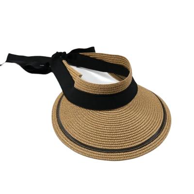 China Straw Visor Sun Hat Lady Ribbon Bow Women Summer UV Protection Sun Protection Beach Wide Brim Empty Sun Hat Packable for sale