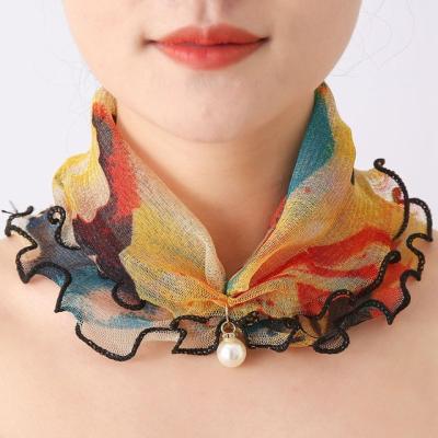 China Outdoor Scarf Pearl Lace Ladies Scarf Pearl Decoration Gold Yarn Lace Up Women Elegant Ruffled Scarf For Women for sale