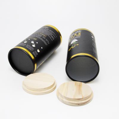 China Tea Paper Cans Packaging Black Label Wooden Lid Foil Layer Inside for sale