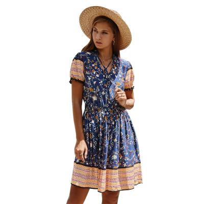 China Lady Short Sleeve Anti-Static V-Neck Style Boho Floral Printed Splice Ruffled Waist Dress Women Casual Dress for sale