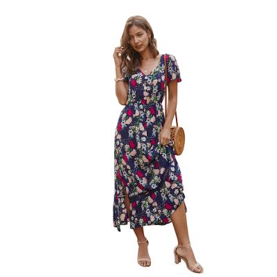 China New Fashion Anti-Static Boho Floral Print Short Sleeve Dress Ruffles Lace Up Spliced ​​Split Casual Dress Women for sale