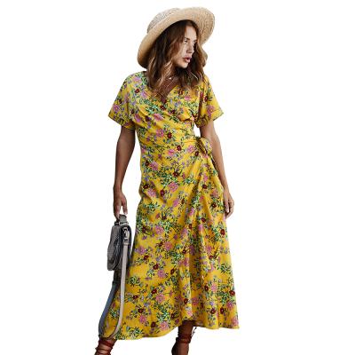 China Floral Print V-Neck Women's Midi Casual Dress Anti-Static Style Beach Holiday Short Sleeve Lace-up Dress for sale