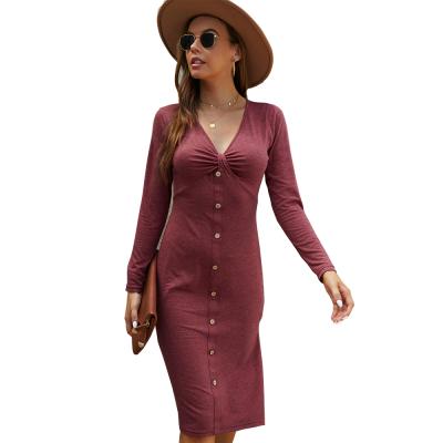 China 2021 Anti-wrinkle Autumn/Winter V-Neck Hip Wrap One-Step Dress Knit Slim High Elastic Dress Slit MIDI Dress for sale