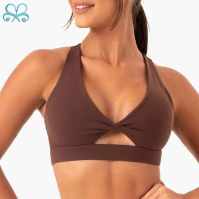 China Front Twist Custom Logo Deep V Neckline Antibacterial Workout Hot Sale Racerback Sports Bra Removable Top for sale