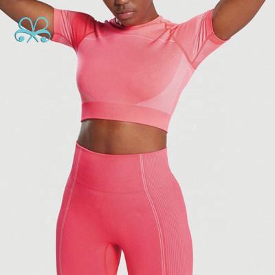 China Breathable Gym Navel Yoga Shorts Tight High Sleeve Shirt Stretch Seamless Sports Crop Tops for sale