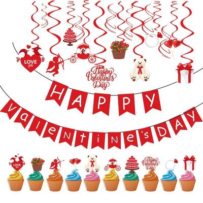 China Eco-Friendly and Stocked Valentines Day Party Decoration Kit with Happy Valentine Banner Red Cupcake Topper Hanging Swirls for sale