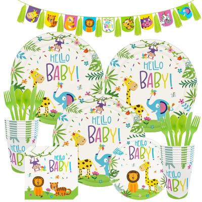 China Eco-Friendly and Stocked Safari Jungle Animals Birthday Party Supplies Set Plates Napkins Cups Tableware Kit for 16 Guests for sale