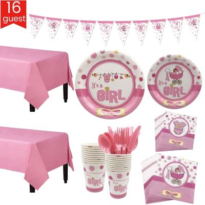 China Its Eco-Friendly and Stored One Girl Boy Baby Shower Supplies 16 Guests Baby Shower Gender Reveal Boy Girl Birthday Party Decoration Tableware Supplies for sale