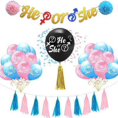 China Eco-Friendly and Stocked Girl or Boy Baby Shower Party Supplies Him or Her Gender Banner Confetti Poppers Balloons String Tassel Paper Reveal Party Decor for sale