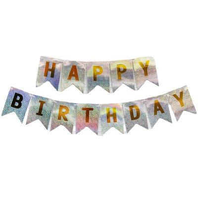 China Eco-Friendly Silver Blue Stocked Happy Birthday Banner Mirror Laser Gold Happy Birthday Bobbing Garland Flags Birthday Party Decoration for sale