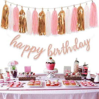 China Eco-Friendly and Stocked Rose Gold Birthday Party Decorations Tassel Paper Garland and Glittery Rose Gold Happy Birthday Banner for sale