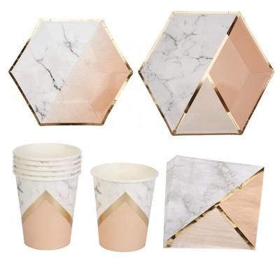 China Disposable Disposable Pink Paper Tableware Set Deep Plate Napkin Paper Tableware Sets Birthday Wedding Party Supplies for sale