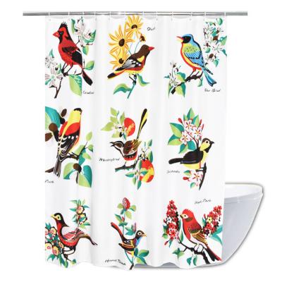 China Viable Natural Birds Painting Custom Printed Water Repellent Polyester Shower Curtain for sale