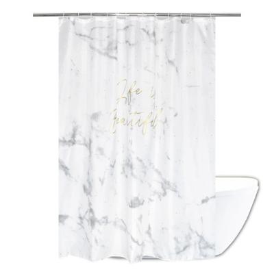 China Marble Style Polyester Fabric Glitter Gold Dots And Letter Printed Shower Curtain for sale