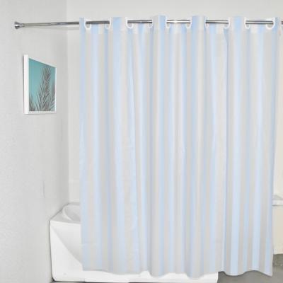 China 100% PEVA Waterproof Translucent Blue Stripe Bathroom Shower Curtain Hookless Shower Room Accessory Customized Sustainable Clear for sale