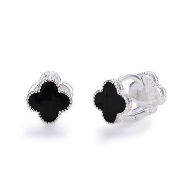 China Luxury and Stylish Double Clover Black Enamel Huggie Earrings in Sterling Silver for sale