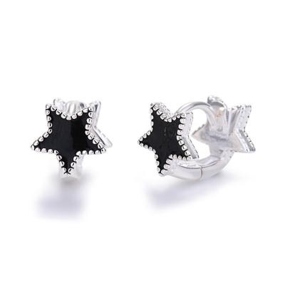 China Sleek Front and Double Black Stars Black Enamel Huggie Earrings in Sterling Silver for sale