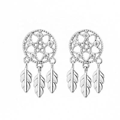 China Boho Boho Rhodium Plated Dream Catcher Post Stud Earrings Pave With Diamond Zircon for sale