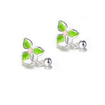 China Beautiful Cute Silver Plated Green Enamel Clover Shaped Post Stud Earrings With Small Drop Ball for sale