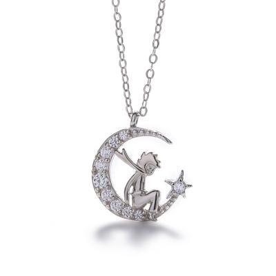 China Cute New Arrival Cute 925 Sterling Silver Little Prince Moon Pendant Necklace Pave With Micro Zircon for sale