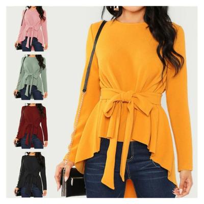 China Women Autumn Fashion Bow-Knot Lacing-Up Design Crew Neck High Quality Wholesale Women's Long Sleeve Blouse for sale