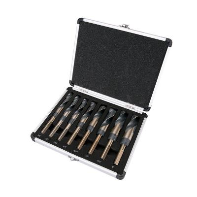 China Drill Holes 8 Piece Steel 1/2 Shank Black And Gold Finish High Speed ​​Torsion Inch Reduced Drill Bit Set Drill Rig Bit With Aluminum Case for sale