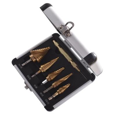 China Drilling Holes 6PCS Quick Change SAE Spiral Titanium Nitride Coating Step Drill Bit Set With Total 50 Step Sizes Carried With Aluminum Case for sale