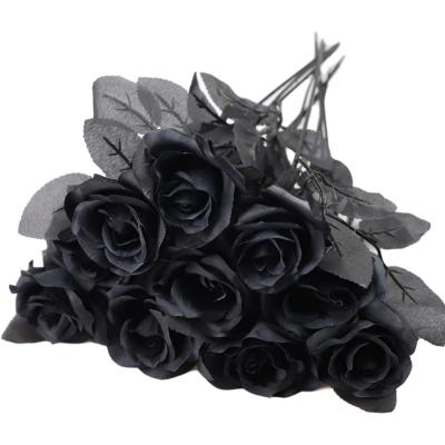 China Gothic Helloween Single Stem Decorate Halloween Black and Purple Rose Flower Artificial Flowers with Eyeballs Gothic Horror Decoration for sale